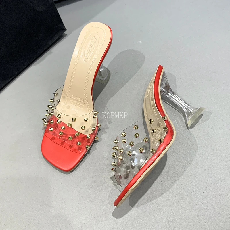 

Design Square Toe Rivets Slippers Sandals Fashion PVC Transparency Thin Strange Heels Shoes Woman Summer Slides Platform Shoes
