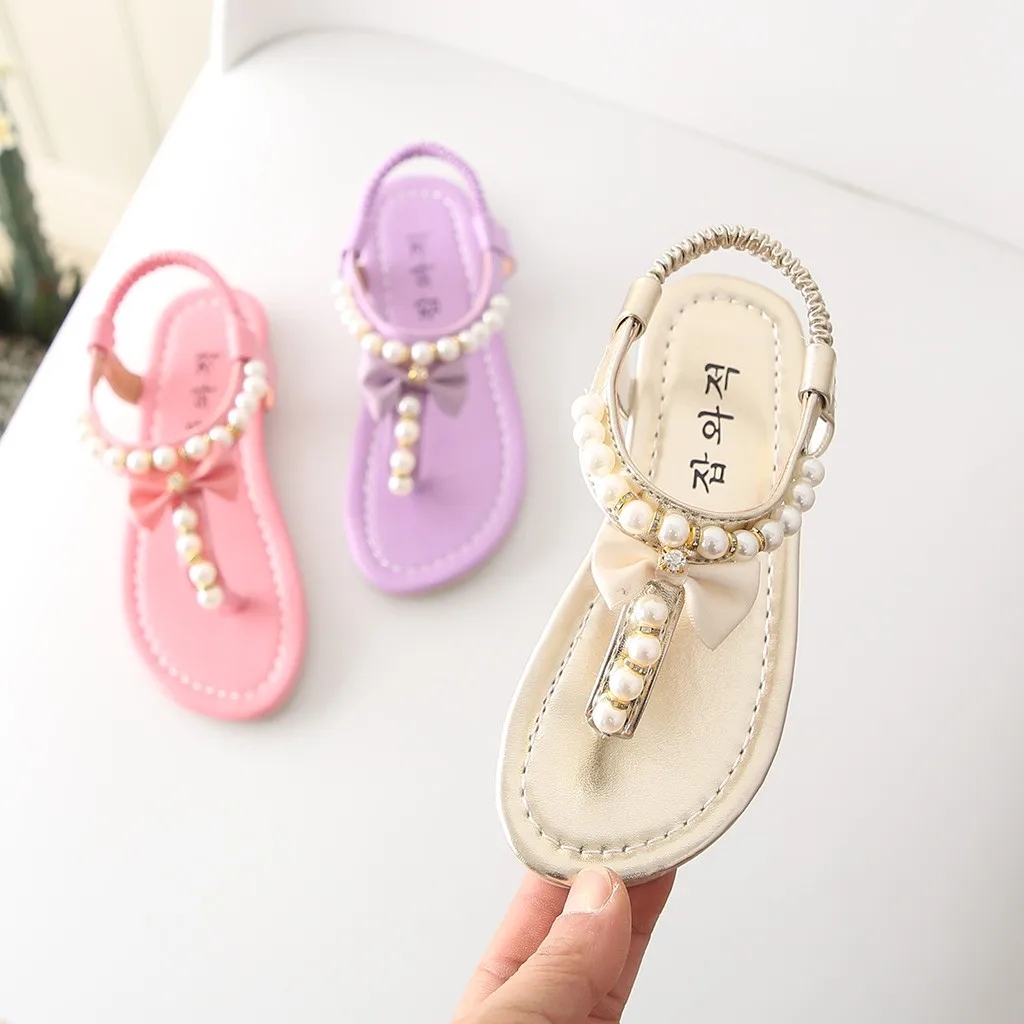 

2021 New Summer Sandals Toddler Infant Kids Baby Girls Bowknot Pearl Pinch Princess Sandals Beach Shoes Children Sandals Girl