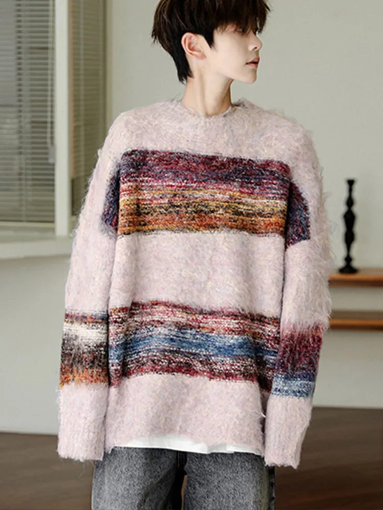 Вязаный свитер из мохера в контрастную полоску мужской повседневный вязаный