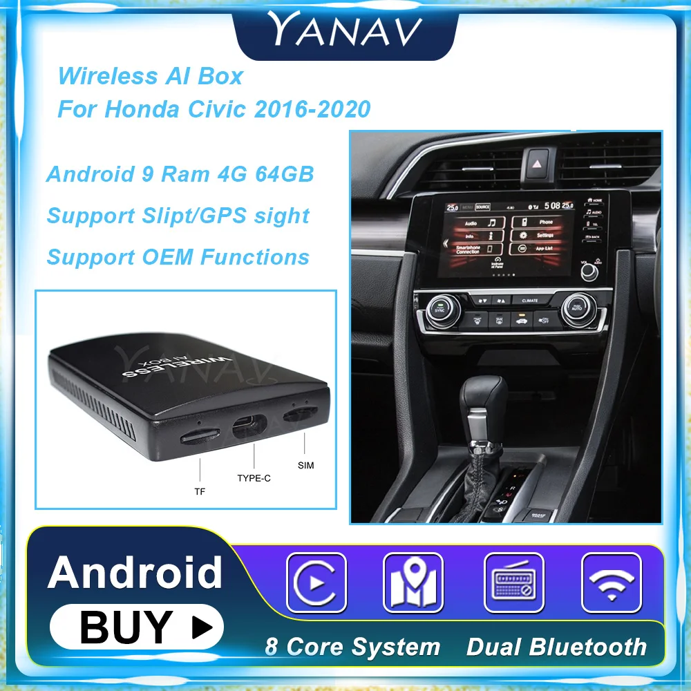 

Android 9 4G 64GB Carplay Wireless Ai Box For Honda Civic 2016-2020 8 Core Plug and Play AI Adapter Box Multimedia carbo