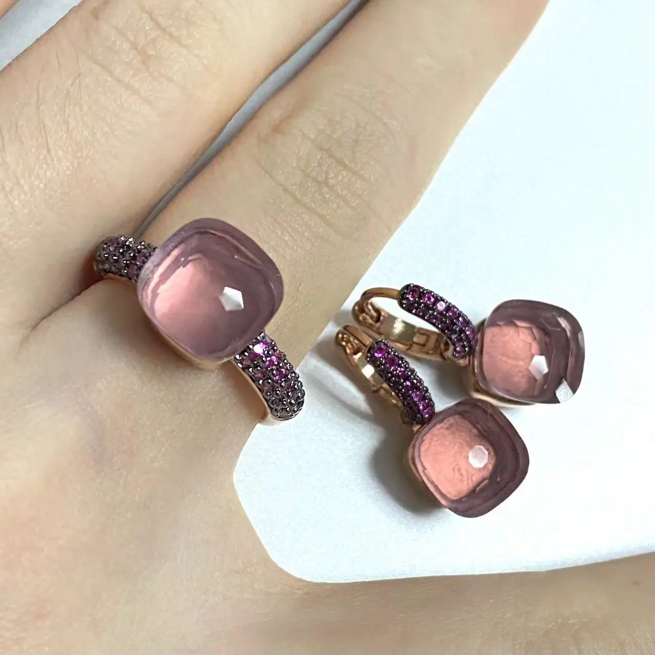 2Pcs/Set 10.6mm Classic Ring Earrings Set Inlay Purple Zircon Gun Black Plated Square Crystal Jewelry Set Nudo Drops Earrings