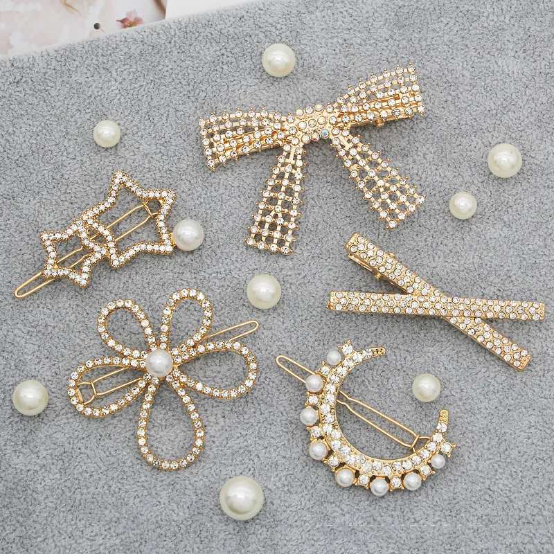 

5pcs Fashion Pearl Rhinestone Bow Hairclip Creative Pentagram Moon X Shape Hairpin Women Girls Makeup Bangs Clip Flower Headwear