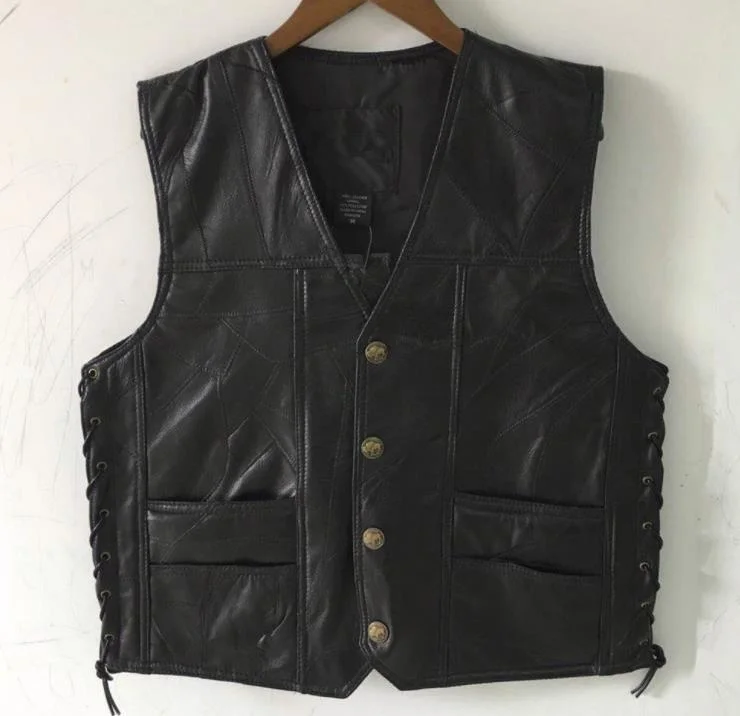 

High Quality Mens Side Laces Adjustable Brand Black Leather Motorcycle Vest MC Biker Vests Soft Sheepskin US S-4XL