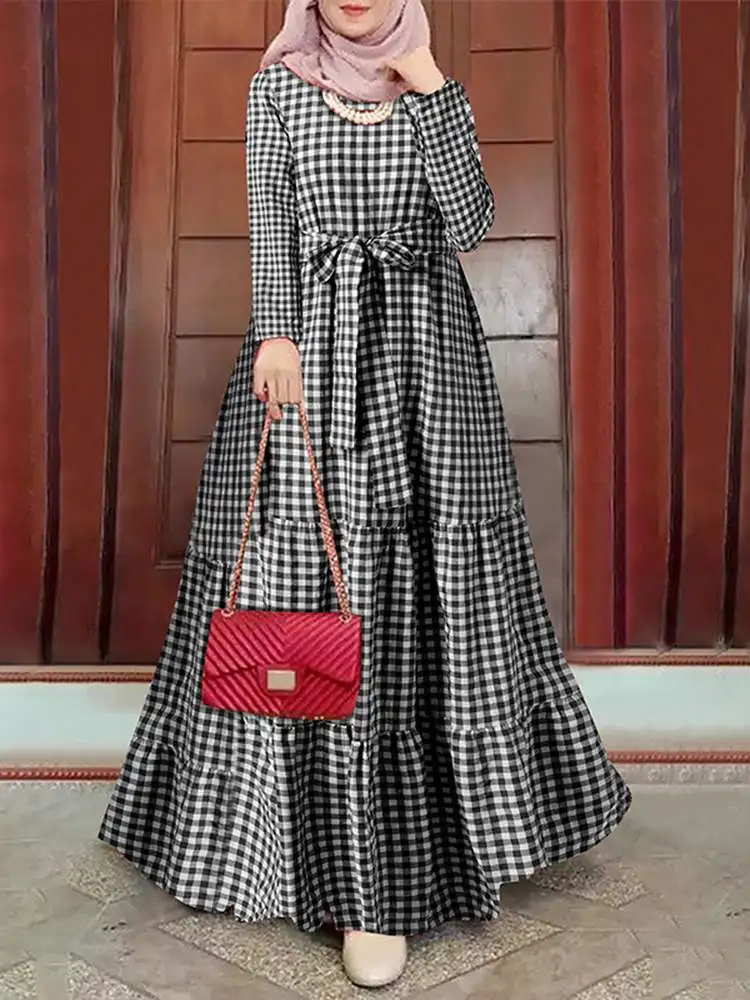 

2022 ZANZEA Spring Maxi Long Sundress Islamic Clothing Plaid Checked Ramadan Robe Femme Elegant Long Sleeve Muslim Abaya Dress