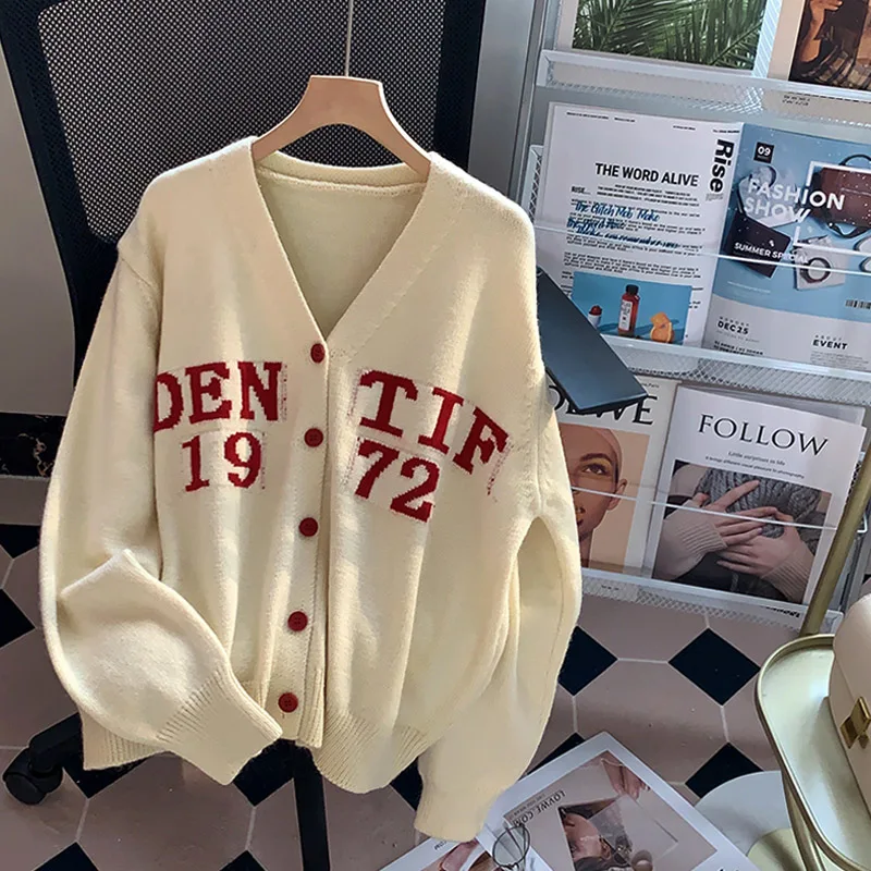 

High Quality Letter Loose Cardigan Autumn Winter Sweaters Coats Oversized Buttons Long Sleeve V Neck Knitted Jacket