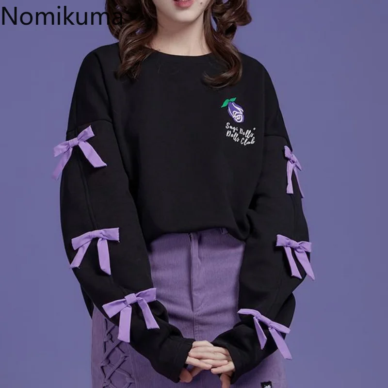 

Nomikuma Blusas Mujer De Moda 2022 Letter Print Bowknot Patchwork Loose Aesthetic Long Sleeve Tees Sweet Harajuku Streetwear