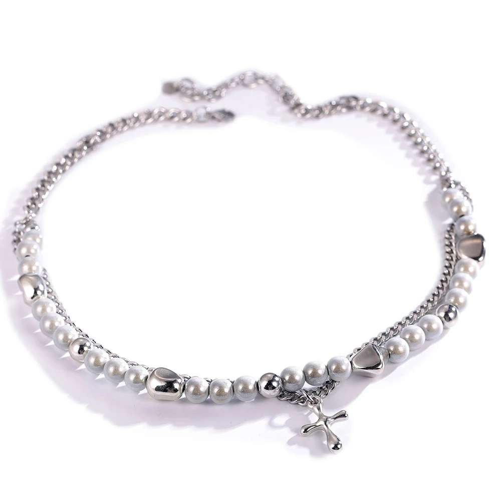 

Coconal Trendy Goth Hip Hop Women Men Double Layer Pearl Cross Bead Choker Chain Necklace For Fashion Korean Party Gift Jewelry