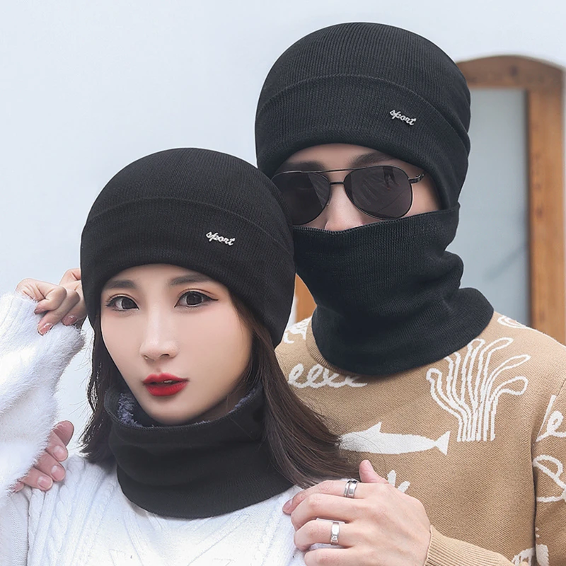 

Balaclava Women's Knitted Hat Scarf Caps Neck Warmer Winter Hats For Men Women Skullies Beanies Warm Fleece Cap 5 Colors