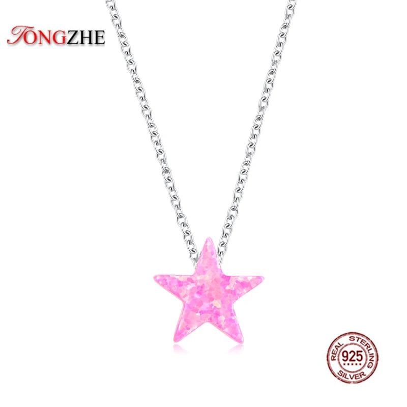 TONGZHE Fashion Long Necklaces Luxury Star Pink Blue Opal Pendant Necklace Woemen 925 Sterling Silver Jewelry