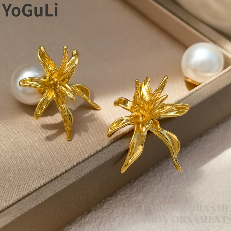 

Trendy Jewelry 925 Silver Needle Back Simulated Pearl Front Gold Color Flower Earrings For Women Female Party Wedding Gift