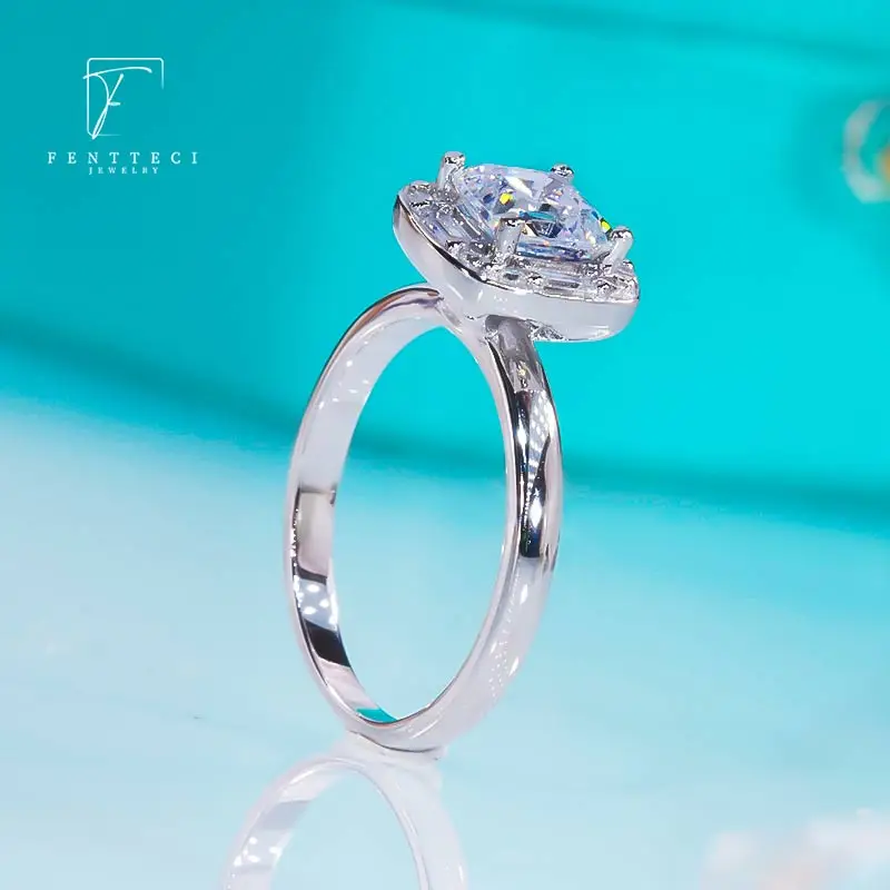 FENTTECI S925 Sterling Silver Platinum Plated Square Moissanite Ring Luxury Jewelry For Women Wedding Engagement Party Gift