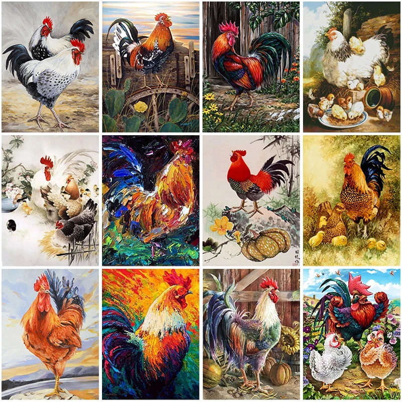 

Full Round Diamond Painting Rooster Hen Chicken Diamond Embroidery Cross Stitch Mosaic Picture Rhinestone Home Decor Gift
