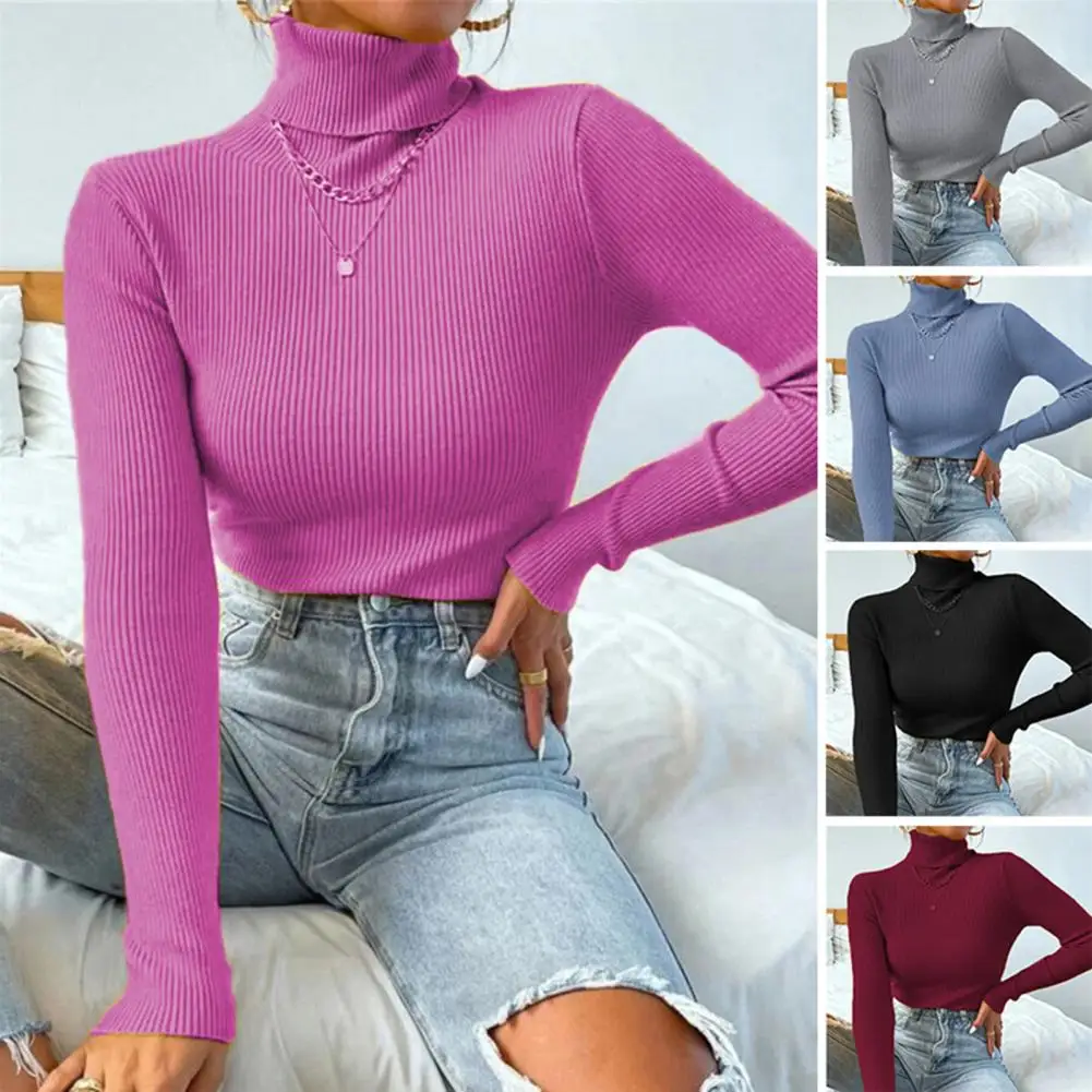 

Женский трикотажный свитер-водолазка с длинным рукавом, в рубчик