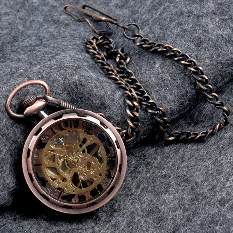 Luxury Gold Mechanical Pocket Watch for Men Women Hollow Skeleton Transparent Dial Roman Numerals Number Fob Chain Pendant Clock