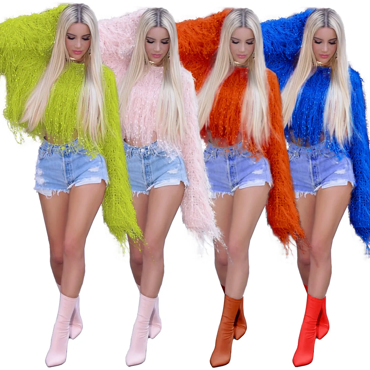 

Neon Fringe Female Crop Oversized Sweater Knitted Pullover 2023 Fashion Clothes Women Winter Fur Tops Tassel Jumper Streetwear