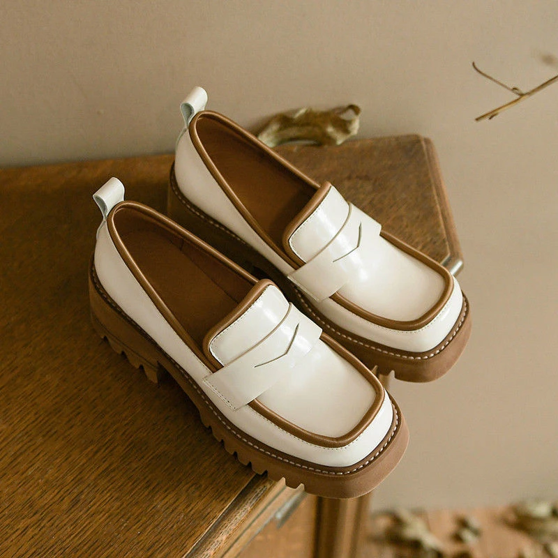 Thick Sole Single Shoes Women Spring Retro Square Toe Shoes Women Fashion Loafer Women Slip-on Shoes British Shoes Female