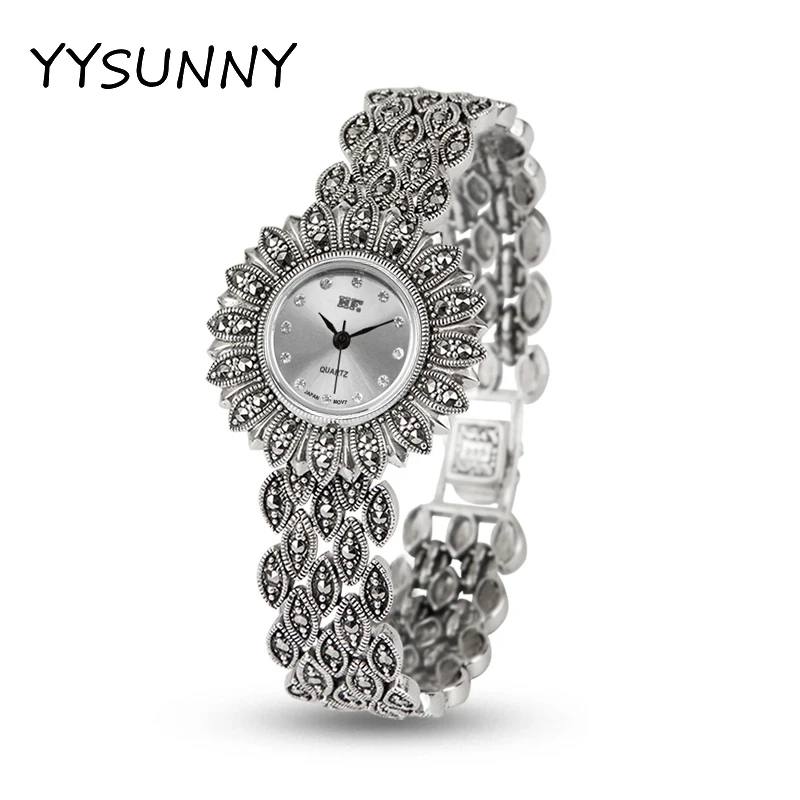 YYSUNNY Classic S925 Sterling Silver Sun Flower Round Wrist Watch for Women Fashion Leaf Style Bracelet Valentine's Day Gift