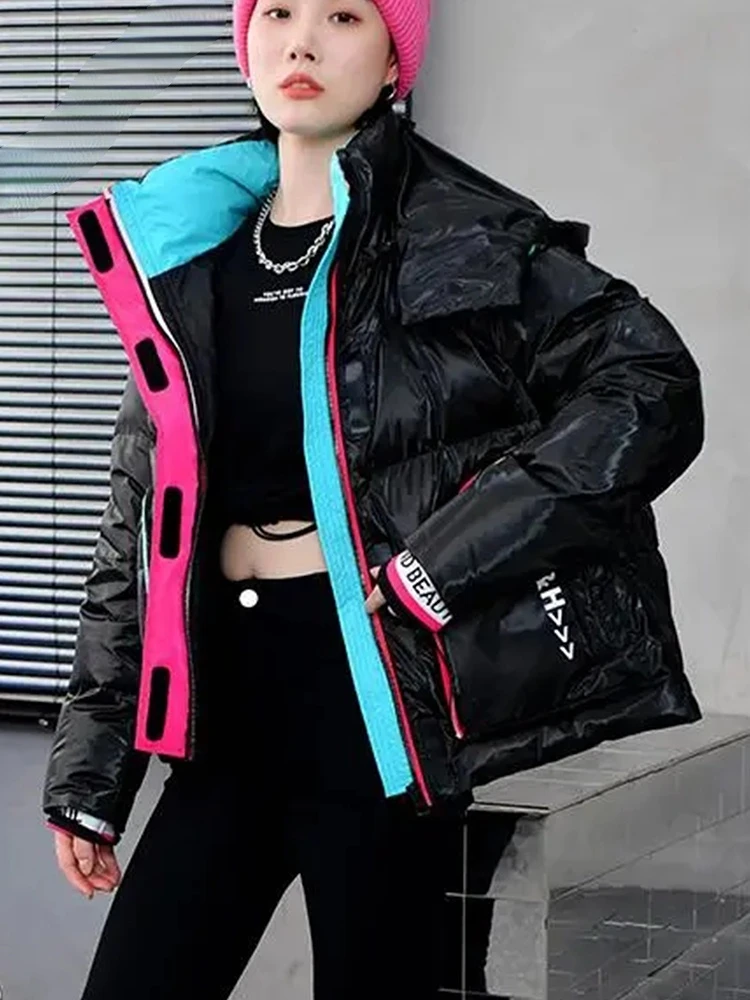 Sister Fara White Duck Down Collar Down Jacket Women Glossy Loose Hooded Down Jacket Parka Winter Female Warm Down Jacket Coat