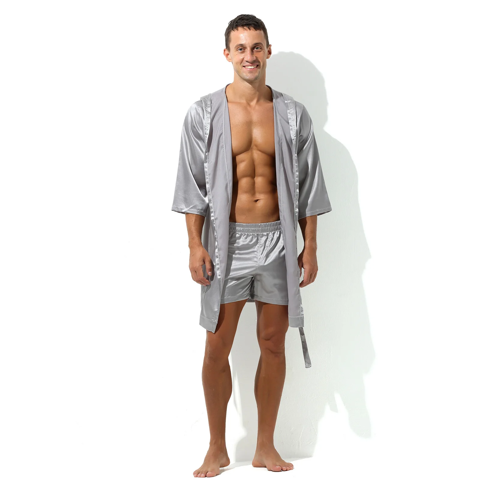 Sexy Men's Hooded Bathrobe Pajamas Night Robe Dress Gown Male Silk Satin Nightgown Kimono Bathrobe Sleepwear House Bedroom Robe