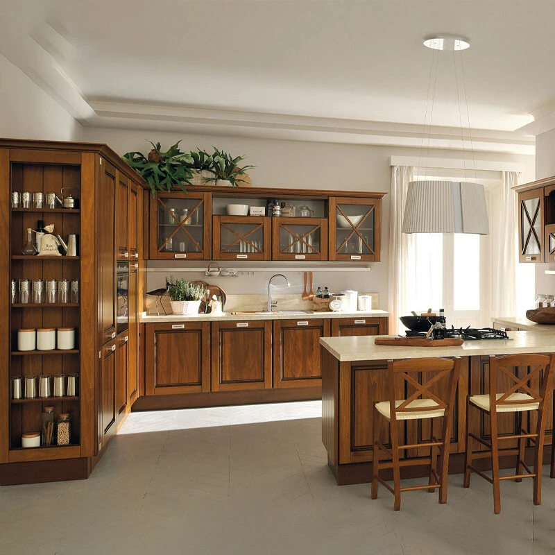 

Customized solid wood overall cabinet, open kitchen, island platform, quartz stone log, Chinese villa, whole-house customization