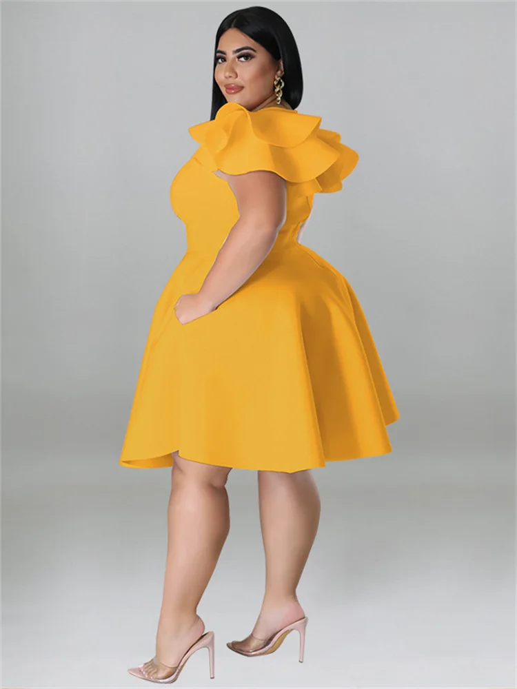 Plus Size Dresses for Women Elegant Party Solid Ruffles Sleeve Big Hem Midi Dress Hot Sale New Wholesa 3xl 4xl 5xl 6xl
