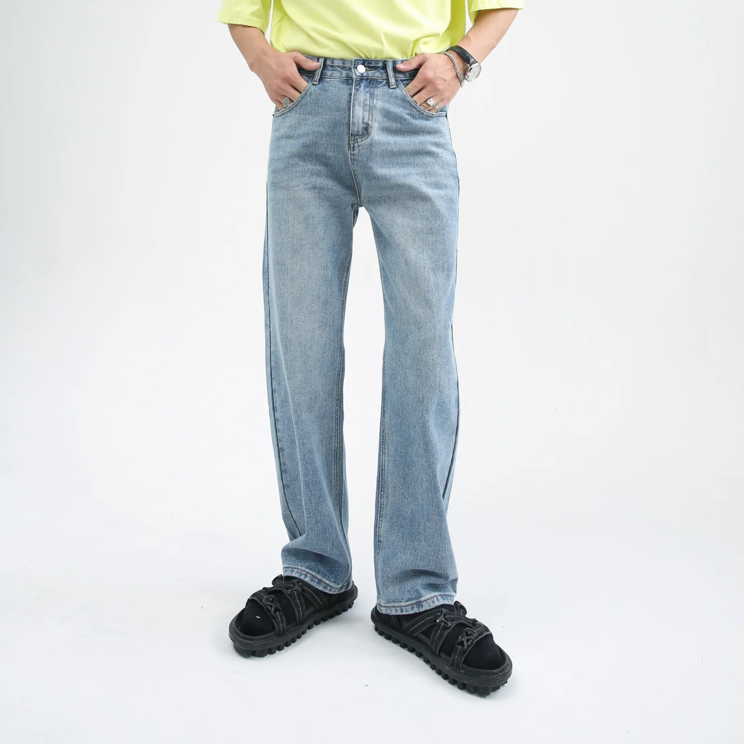 Four Seasons Men's Jeans Four Colors Loose Korean Wave Versatile Washed Ins Straight Wide Leg Pants Trend High Street Y2k Jeans