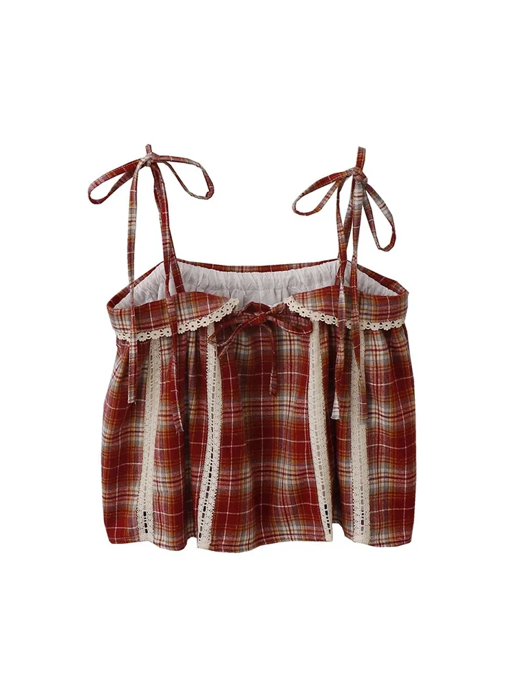 

Classic Retro Plaid Design Women New Suspender Lace Patchwork Pleated Shirt Female Tie Up Baggy Blouses Vintage Cozy Soft Chic