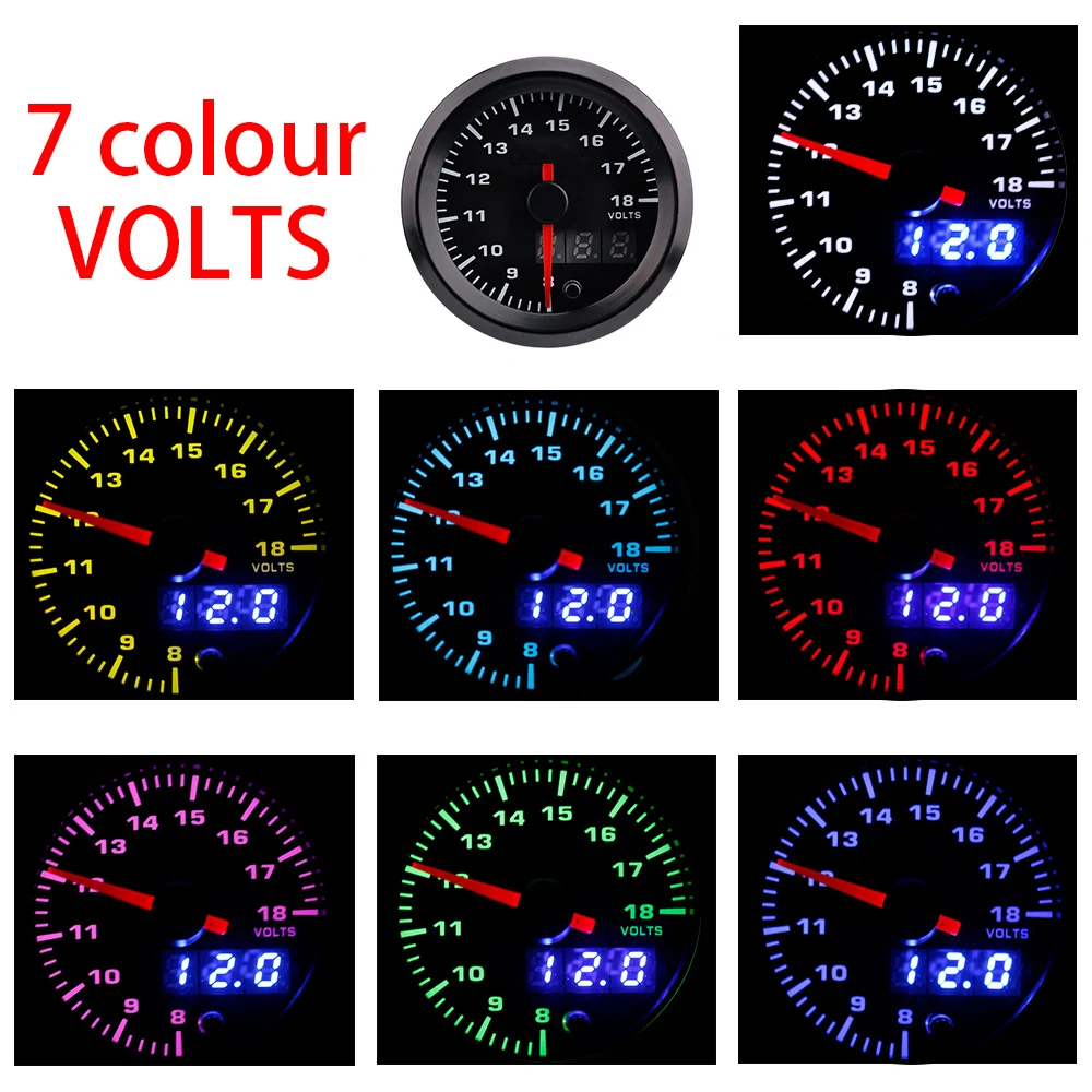 

2" 52mm 7 Colors LED Car Auto Voltmeter 8-18 Volt Gauge High Speed Stepper Motor Voltage gauge Car Meter