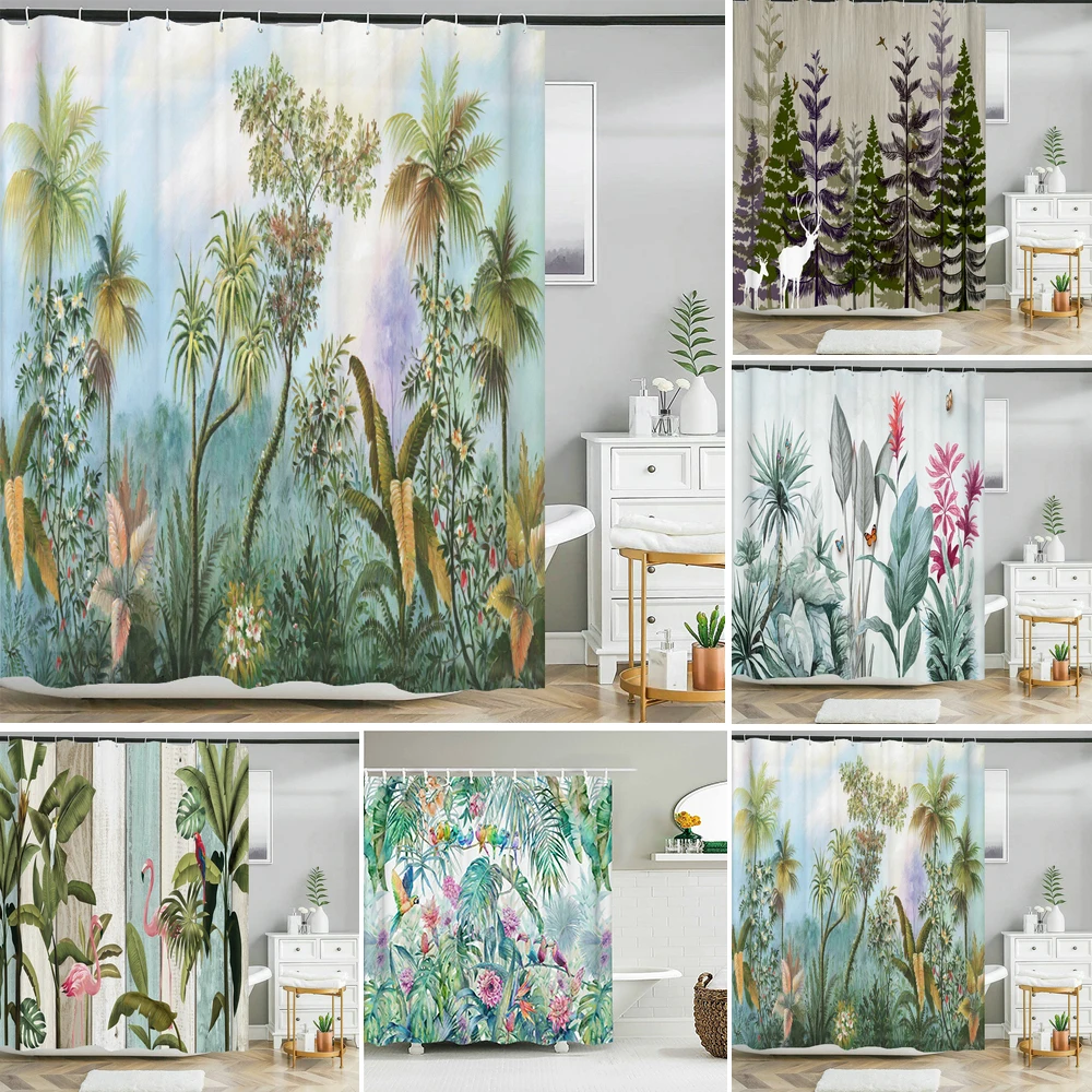 

Waterproof Fabric Bathroom Curtain Nordic Tropical Palm Trees Plants Shower Curtain with Hooks Home Decor Toilet Bathtub Screen