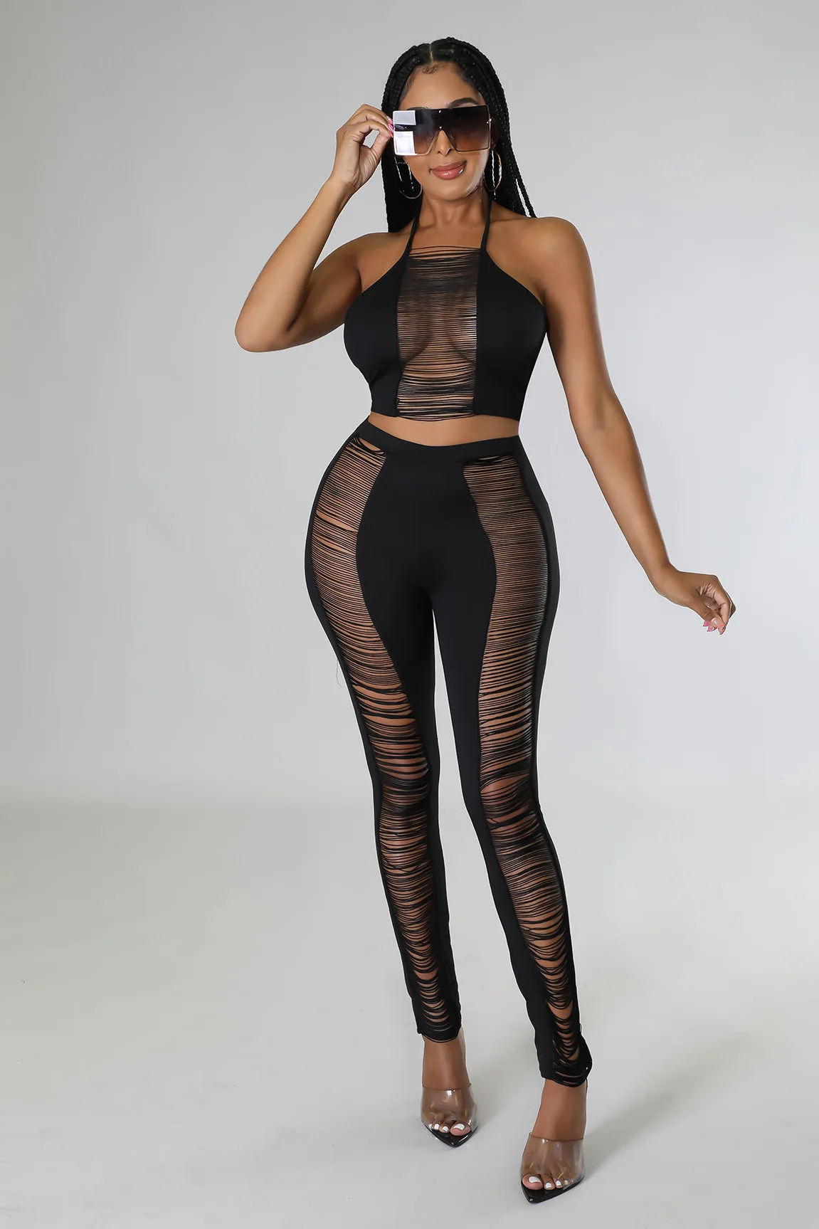

Women Summer Casual Halter Lace Up Crop Top + Pants Club Party Skinny Two Piece Set Outfits Sexy Cut Out Tassel Black Tracksuit