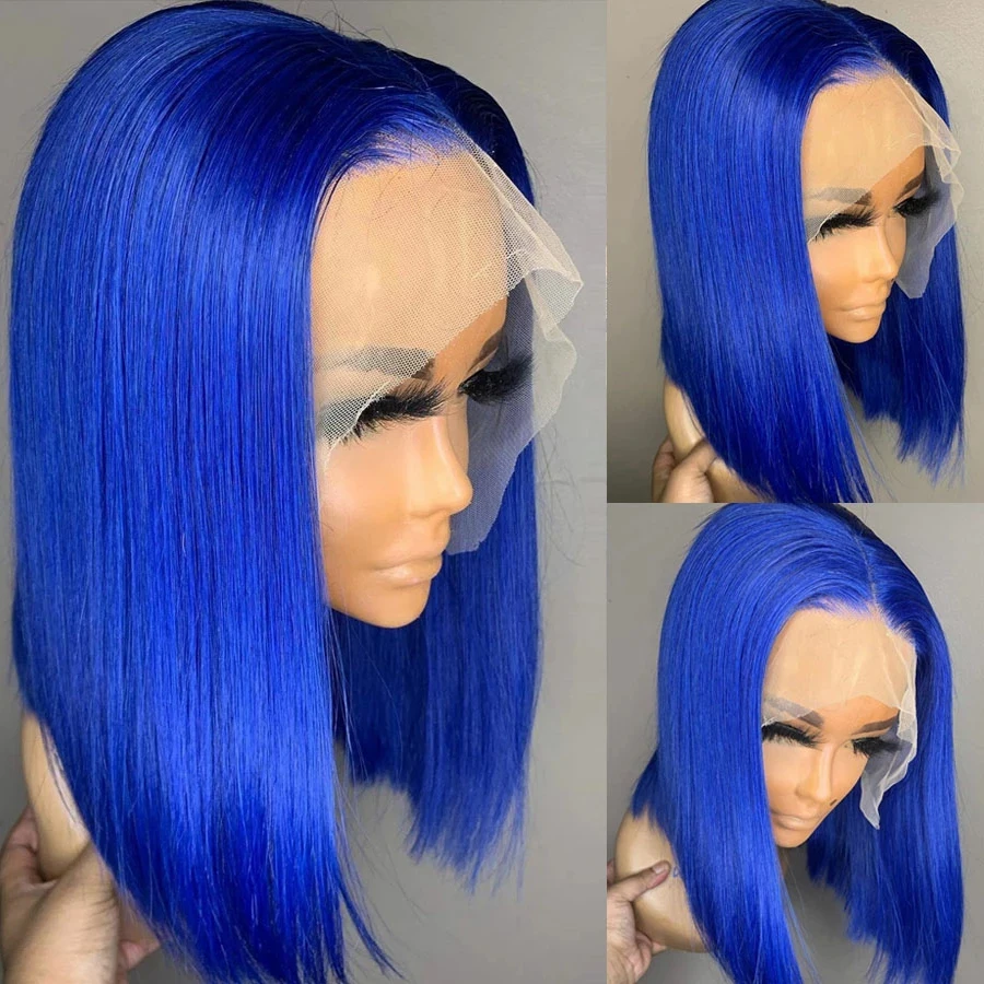 

Парик средней длины синий цвет шелковистый прямой короткий боб парик синтетические волосы прозрачный кружевной передний парик для женщин ...