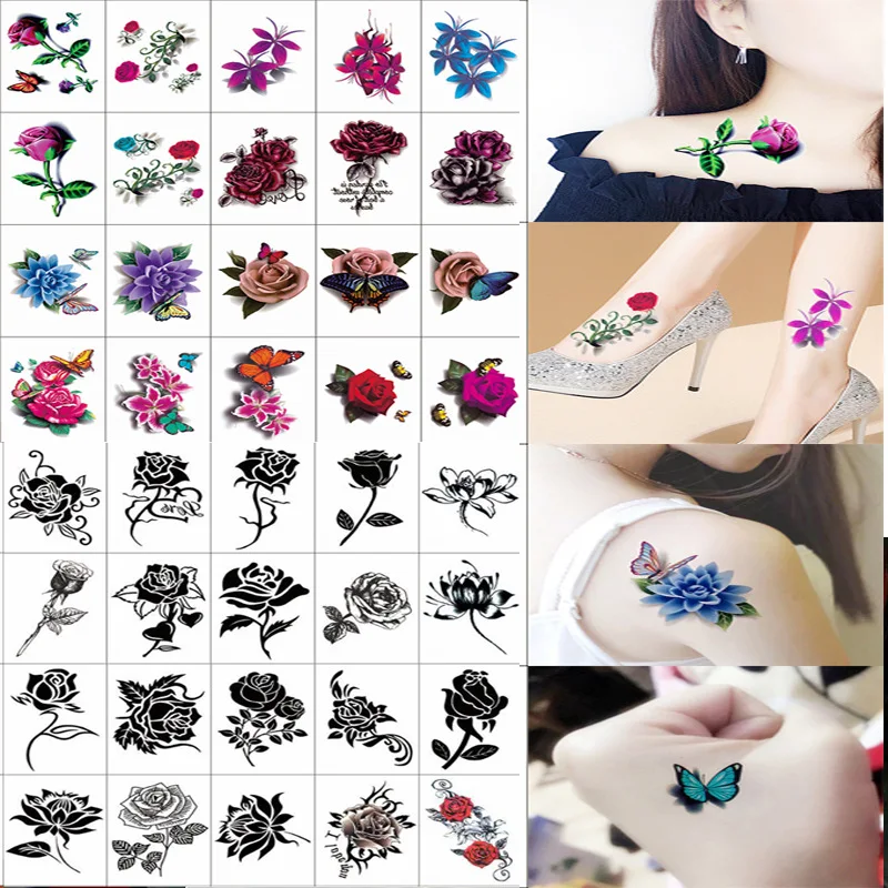 

Tattoo paste waterproof female lasting 40 suit 】 【 3 d black roses body tattoo paste coloured drawing or pattern
