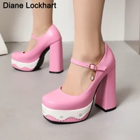 new arrival women classic platform pumps shoes spring summer mary jane heels fashion buckle lace mixed colors shoes woman 42