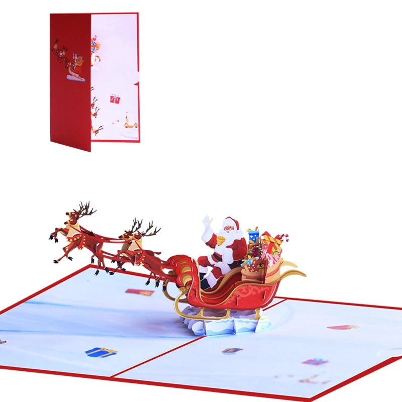 

3D всплывающие поздравительные открытки с Рождеством для всплывающих открыток, открытки с тележкой с летающим оленем, новогодняя