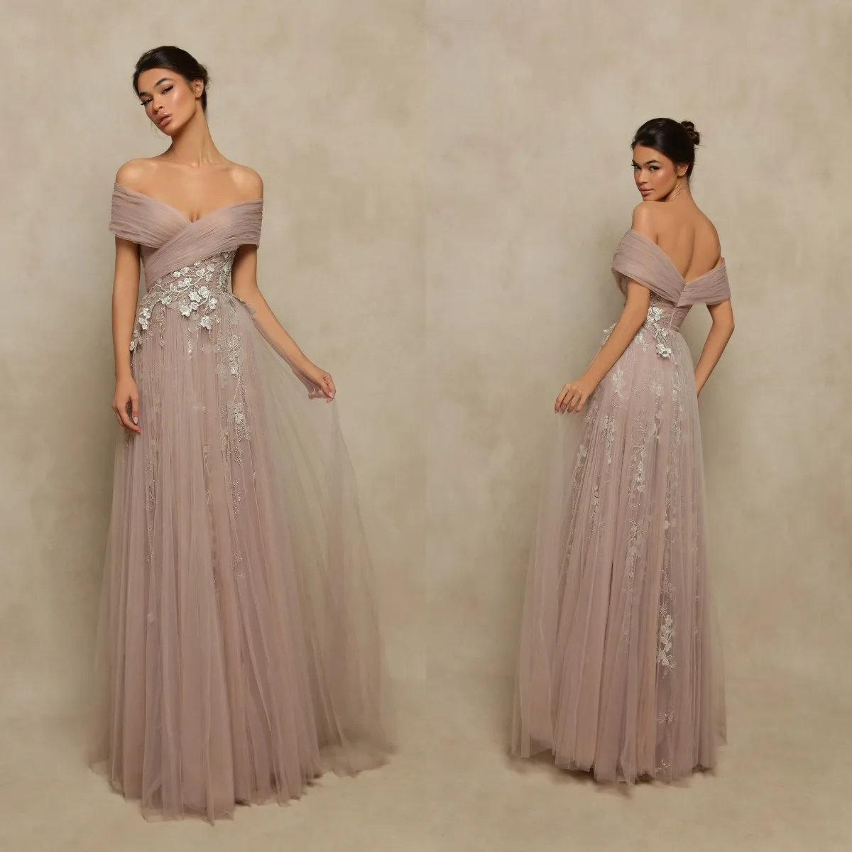 

Dusty Pink Evening Dresses Lace Applique Pleated Tulle Maxi Dress Women Evening Ceremony Gown vestido de novia