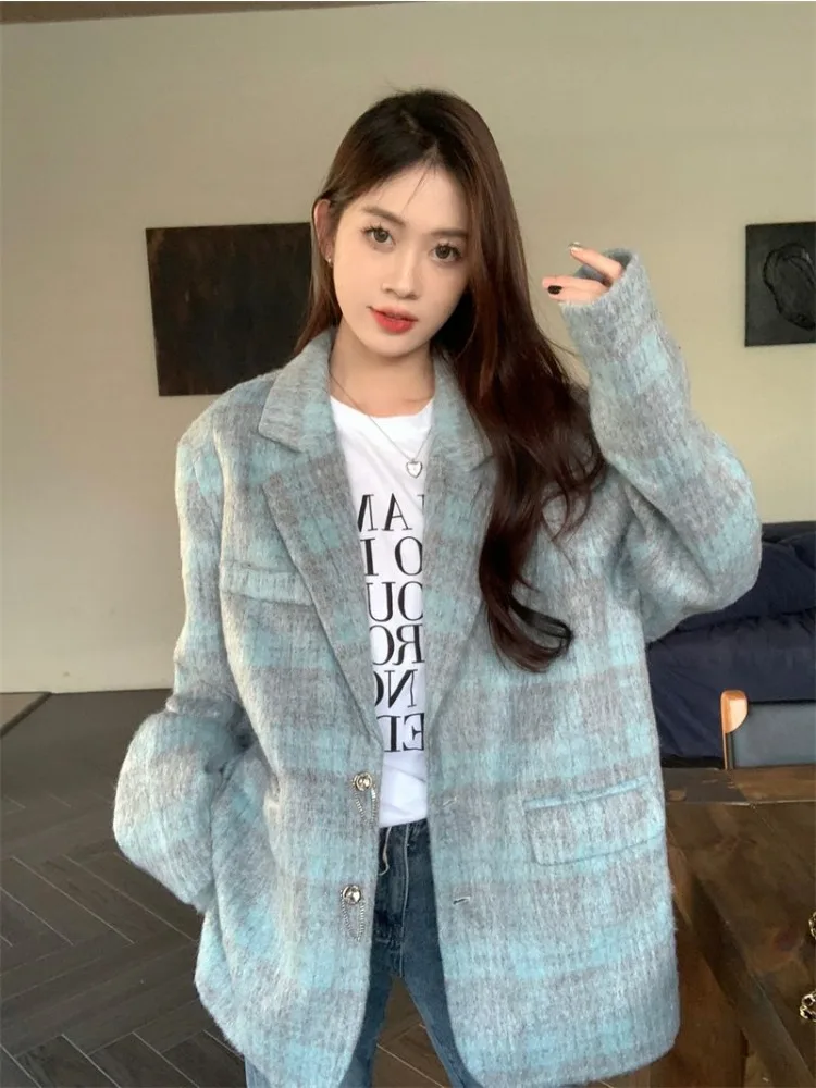 

UNXX Plaid Jacket Women Faux Fur Coat 2023 Fall Winter New Long Sleeve Turn-down Collar Blazer Coats Vintage Button Outerwear