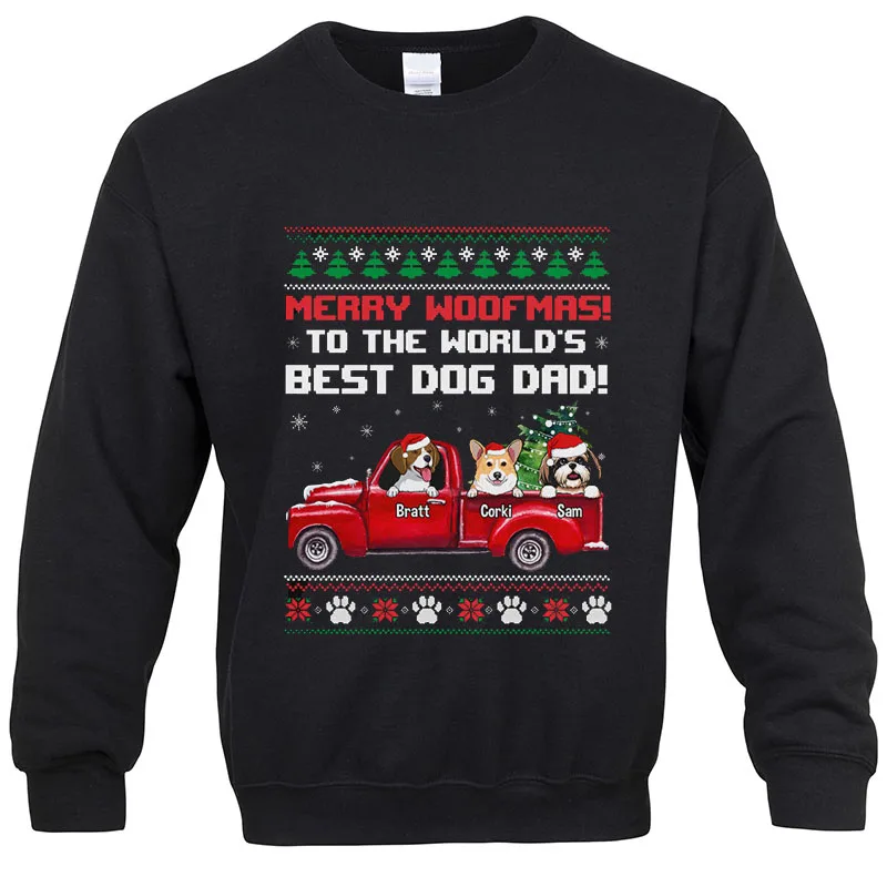 

Cotton Graphic Sweatshirts Long Sleeeve Print Merry Woofmas Best Dog Dad, Personalized Sweaters,Christmas Gifts Pullover Tops
