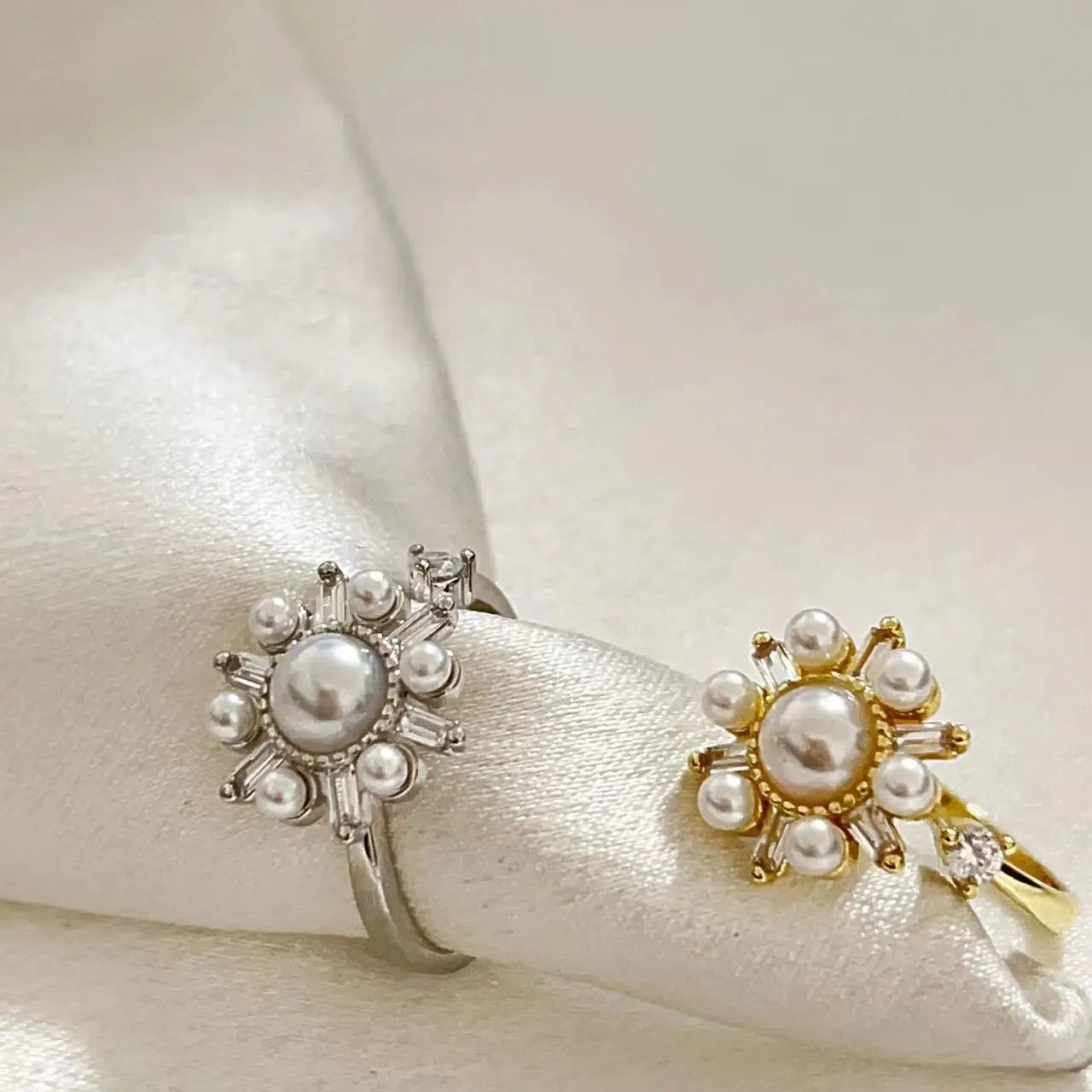 Медные кольца с подсолнухом и жемчугом открытые регулируемые кольца-спиннеры