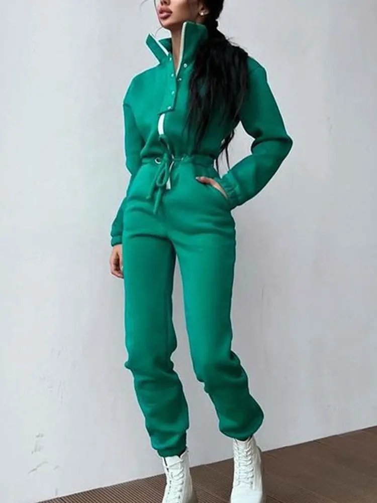 Women Casual Solid Overalls Long Sleeve Zipper Jumpsuits Drawstring Sashes Loose Rompers Streetwear Tracksuit Elegant Outsits