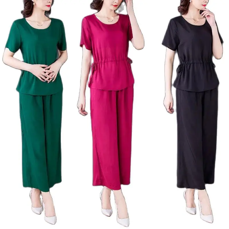 

Fashion Cotton Silk Suit Women's Clothing 2022 Summer New Lace Waist Slim Temperament Nine-Point Pants Two-Piece Set