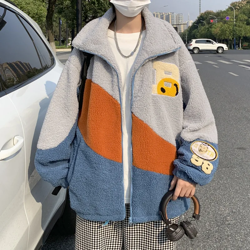 Men's Fashion Color Matching Faux Lamb Plush Cotton Jacket Ins Loose Casual Thickened Stand-up Collar  Winter Jacket Men