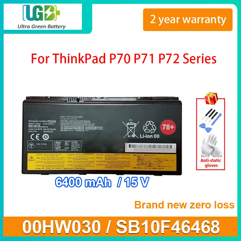 UGB New 00HW030 Laptop Battery For Lenovo ThinkPad P70 P71 P72 P 70 P 71 P 72 SB10F46468 01AV451 6400mAh 15V 96Wh