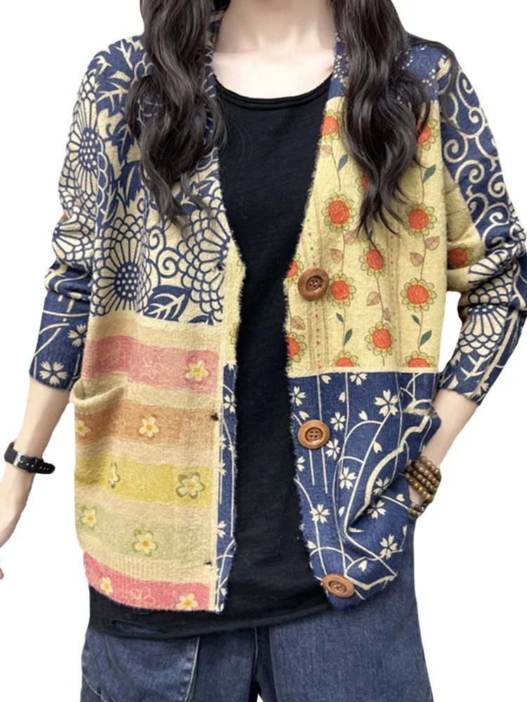 Женский Винтажный Кардиган С Цветочным Принтом Свитер V-образным Вырезом