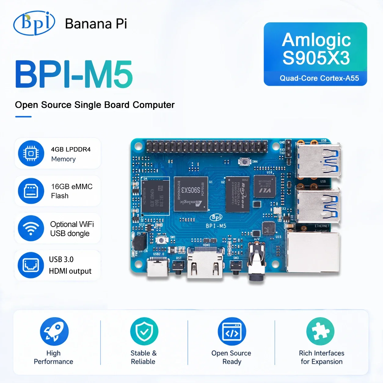Фото VivaBanana PI BPI-M5 Amlogic S905X3 Quad Core ARM Mali G31 4 ГБ LPDDR4 ОЗУ 16 ГБ EMMC Flash с поддержкой Linux Ubuntu Debian Single Board №3