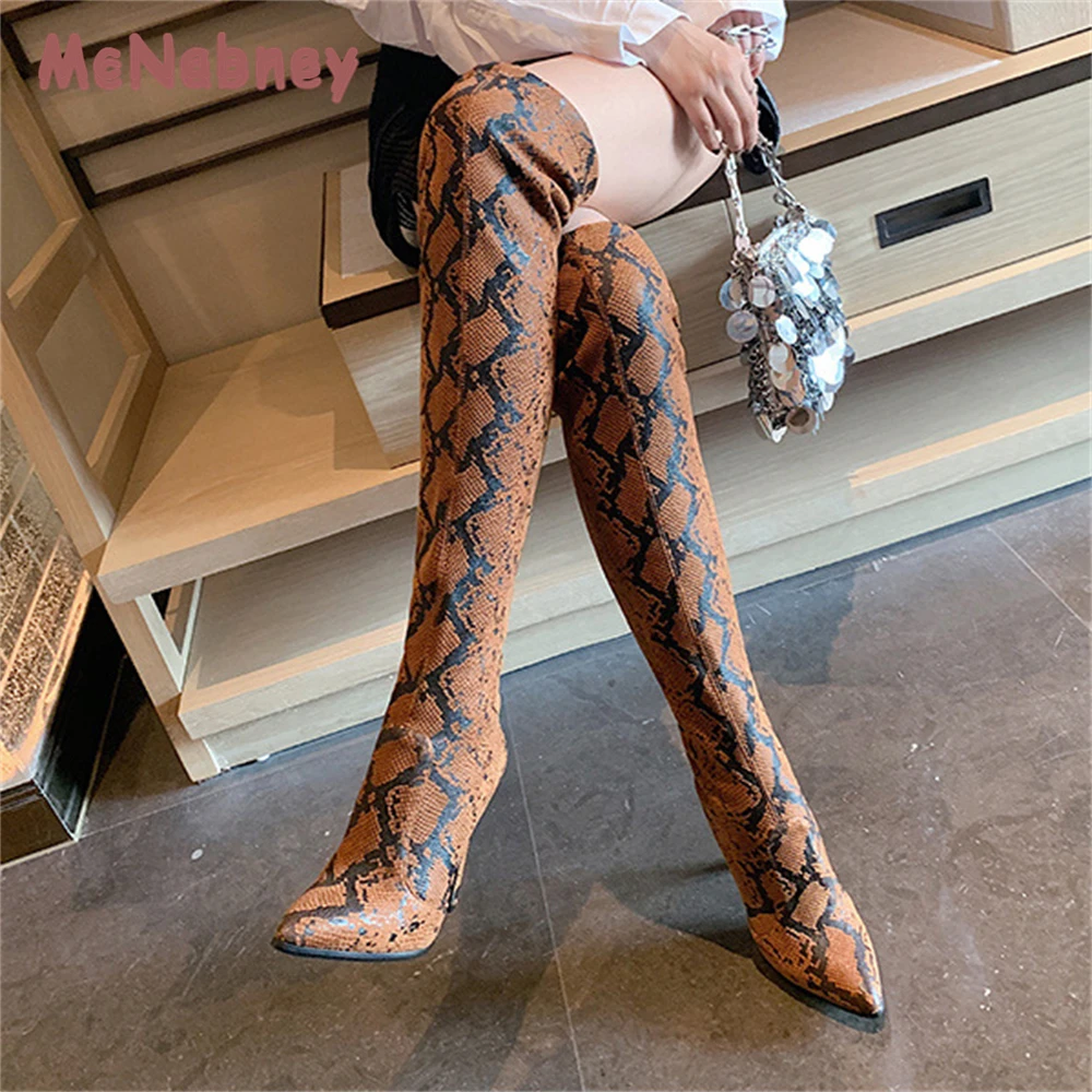 Fashion Boots Women Stiletto Pumps Stretch Snake Print Over Knee High Heel Elastic Skinny Boots Fashion Party Street Long Boots