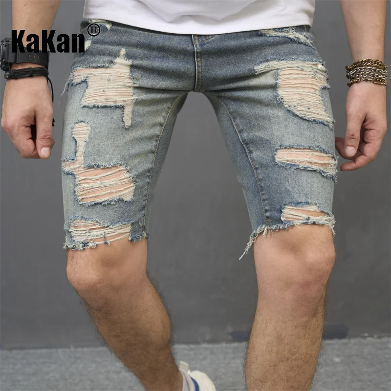 Kakan - European and American Summer New Torn Five Piece Pants Jeans for Men, Casual Slim Fit Small Foot Elastic Jeans K9-6117