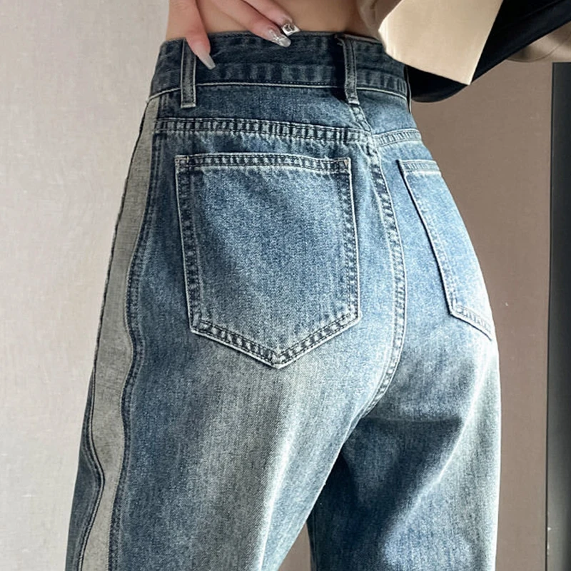 Y2K Boyfriend Jeans For Women Patchwork Mom Jeans Woman Casual Denim Pants Grunge Blue High Waisted Straight Leg  Jeans Women