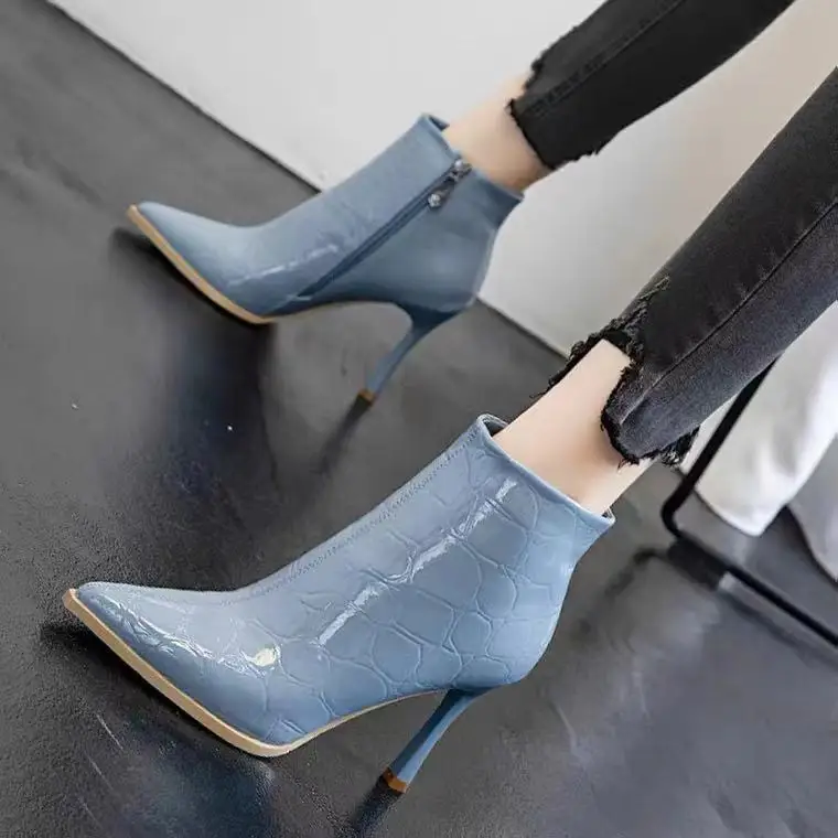 

New Cropped Women's Boots with Zipper Pointed Toe Stiletto Patent Leather Rubber Sole Comfortable All-match Fashion Boots