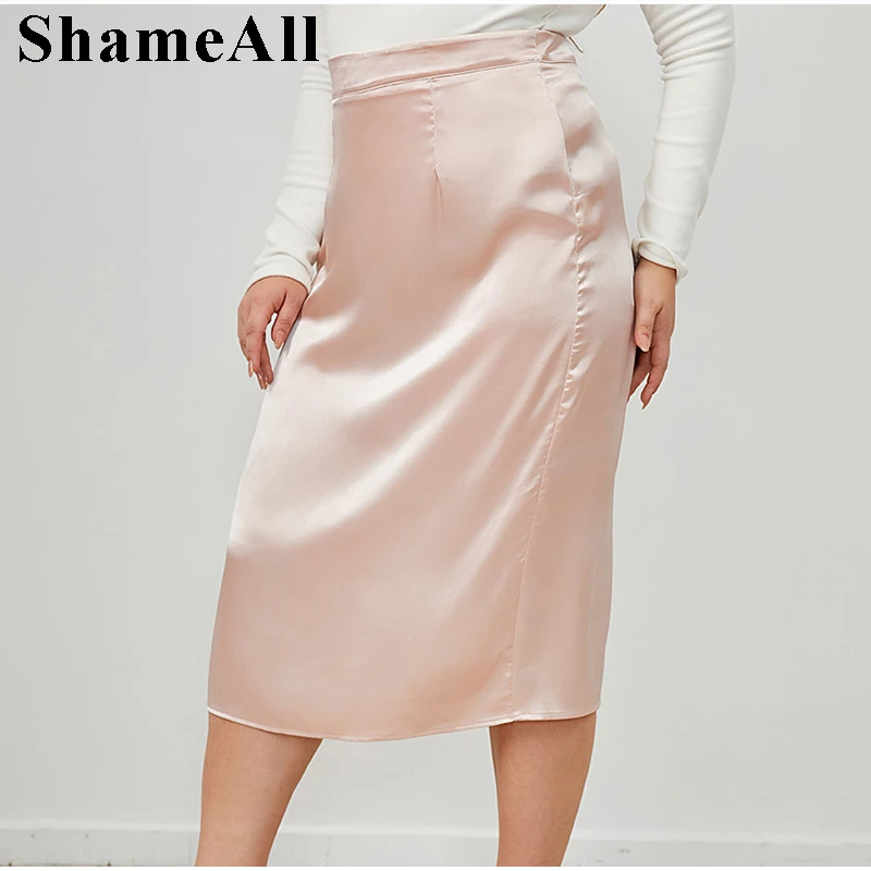 

Women Plus Size Pink Midi Long silk Satin Skirts with split 4XL Summer Elegant Office Lady High Waist straight Mid Length Skirt