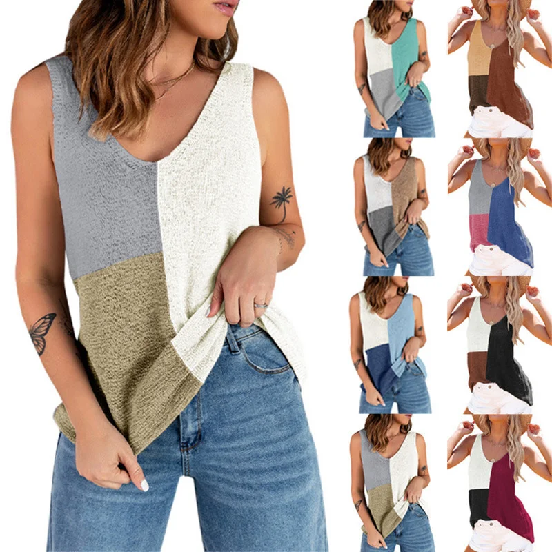 Women's Fashion Stitching Contrast Color Loose Casual Sleeveless Vest Halter V-neck Beach Wear Summer Off Shoulder Tank Tops